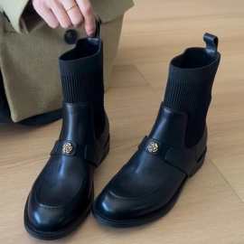 牛皮版~真皮山茶花弹力瘦瘦靴女复古百搭英伦粗跟短靴袜靴马丁靴