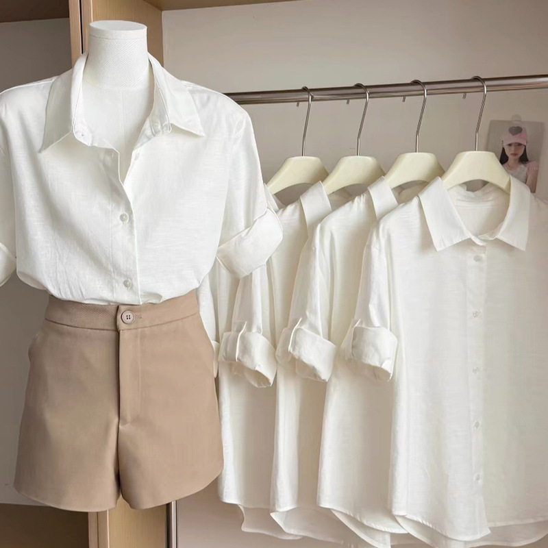 White Shirt with Straight Shoulders and Mid-Sleeves for Women, Summer Casual Style, Old Money Style Shirt, French Style Top
