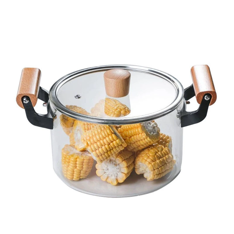 Скважная borosilicate стеклянная кастрюля с двойными деревянными ручками - 2.5–5.5 л сотейник, прозрачный суповая