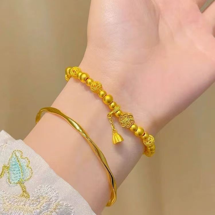 轻奢小众 沙金饰品古法传承六相花莲蓬福字转运珠手链气质女百搭|undefined