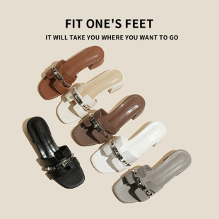 High-end Niche Metal Buckle Casual Slippers Women's Outer Wear All-match Not Tired Feet Summer Flat Beach Sandals