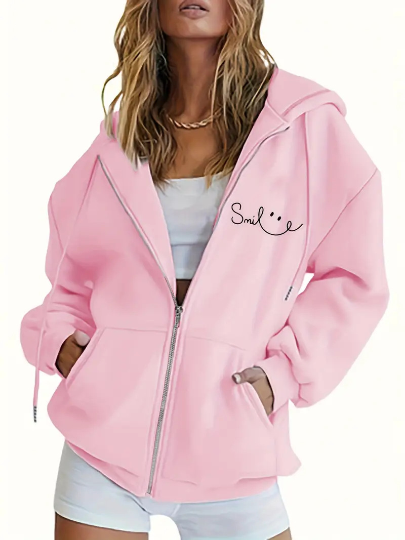 Women's Smiley Face Print Hooded Jacket Long Sleeve Fleece Lined Zip Up Street Style Loose Top_ecoleips.com