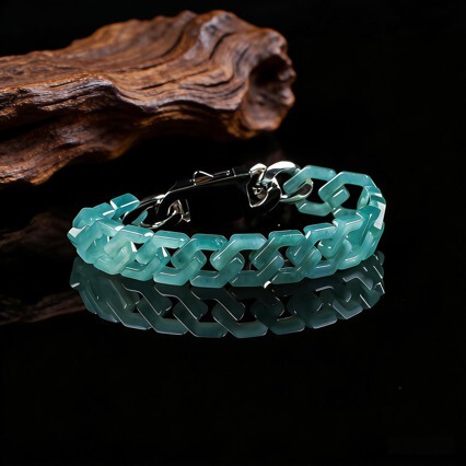 Natural A-Grade Jadeite Ice-Type Blue Water Cuban Chain Bracelet, Jade Titanium Steel Bangle, Hip-Hop Style, Trendy and Unique Jewelry