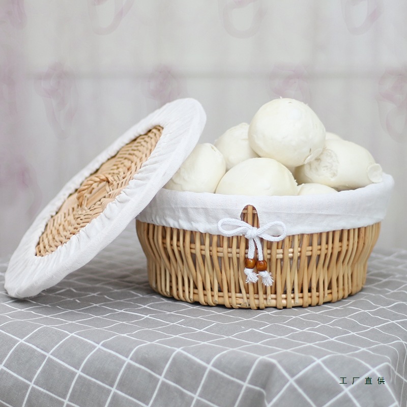 Rattan Steamed Bun Basket Round Desktop Woven Fruit Basket with Lid Food Storage Basket Household Wicker Bread Basket
