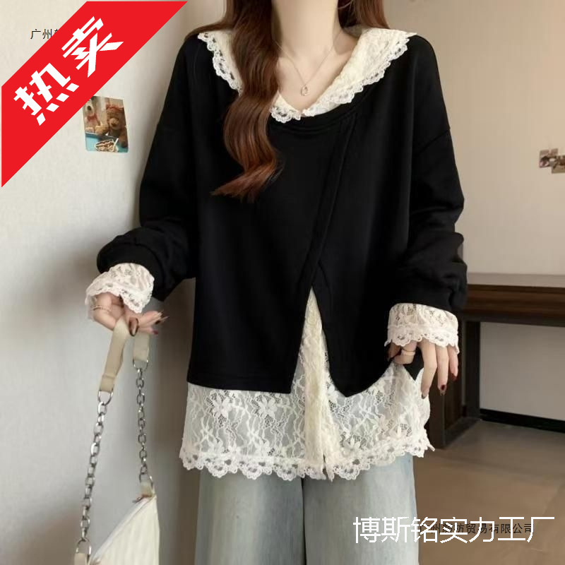 Plus Size Women's Spring and Autumn New Fake Two-Piece Lace Patchwork Sweatshirt with a Hood, Loose Fit, Flattering, Fashionable, and Age-Reducing Top
