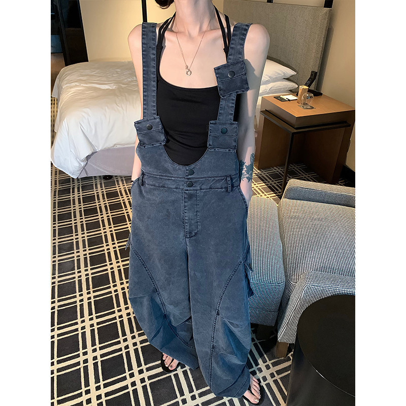 American retro washed distressed denim overalls for women, summer thin loose slimming high-waisted wide-leg work pants