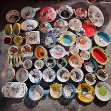 外貿尾單陶瓷手繪卡通餐具庫存創意盤子碗杯子高溫釉下彩兒童套裝