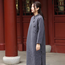 棉麻女装 砂洗亚麻夹棉 保暖长款棉衣宽松休闲袍子3色