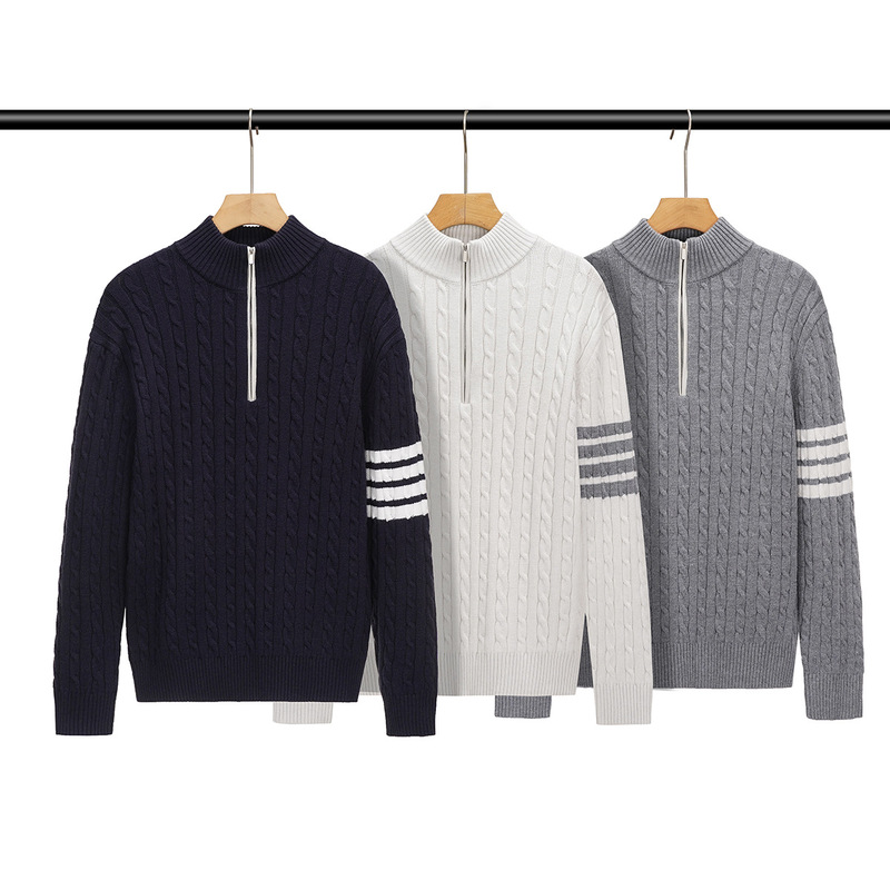 Raff's classic old money style men's wool sweater, light luxury stand-up collar, men's half-zip jacquard TB four-bar sweater