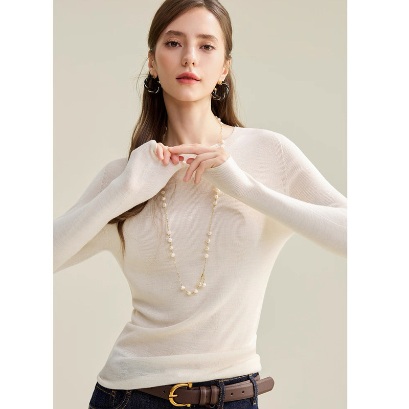 Merino 100% Wool Round Neck Long-Sleeved Top Slimming Look Bottoming Shirt Thin Inner Knitwear for Women Autumn and Winter