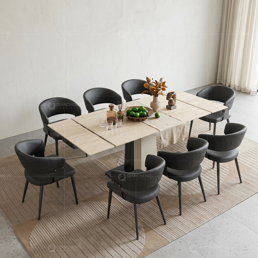 Mesa de Comedor Extensible de Piedra Sinterizada y Hierro, Ajustable, para Comedor