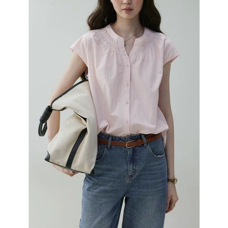 "Mustard Pie Vooe" Pink Round-Necked Small Flying Sleeve Commuter Shirt for Women 26 Summer Loose Pleated Casual Top "Mustard Pie Vooe" Pink Round-Necked Small Flying Sleeve Commuter Shirt for Women 26 Summer Loose Pleated Casual Top