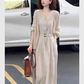 秋季流行时尚宽松连衣裙长袖开衫显瘦气质名媛两件套装女