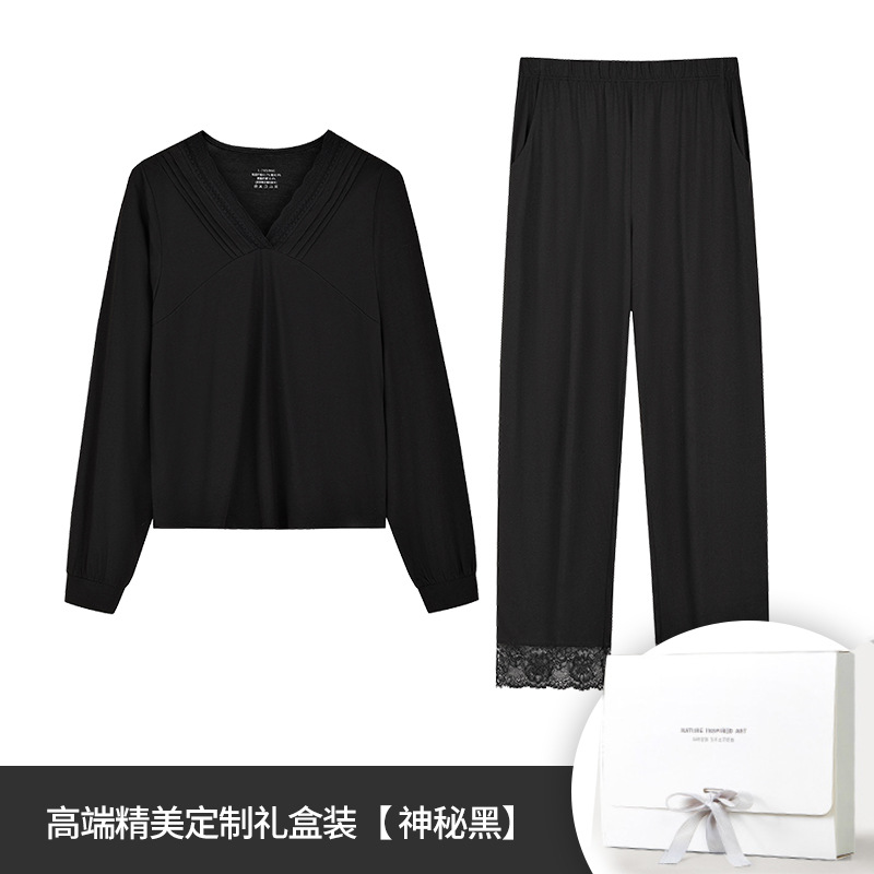 [Aromaterapia de flores de magnolia] Nuevo traje de servicio a domicilio de manga larga con ribete de encaje francés con cuello en V para mujer