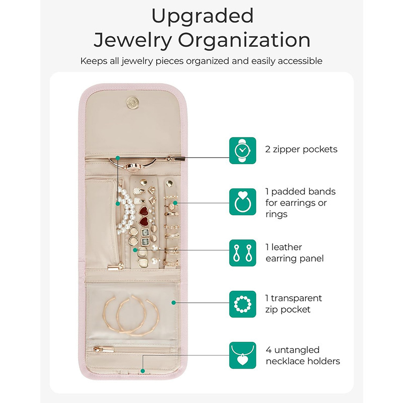 Nueva bolsa de almacenamiento de joyas de viaje, caja de almacenamiento de joyas, caja de rollo de joyería plegable, adecuada para collares y pendientes de viaje