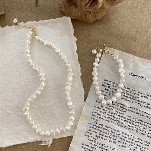 Freshwater Pearl Necklace Baroque Pearl Necklace Women's Korean Style Fashion Blogger Influencer Pearl Bracelet Necklace Set