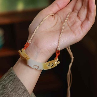 Jade Crafts Natural Xinjiang Hetian Jade Russian Material Old Material Pretty Sugar Color Retro Dragon and Phoenix Clavicle Chain Jade Pendant
