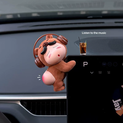 2026 New Model Cute Car Dashboard Decoration, Interesting Car Interior Ornament, Car Center Console Screen Decoration (Car ornaments) - brown-earphones-naked-xiaoxin-american-coffee
