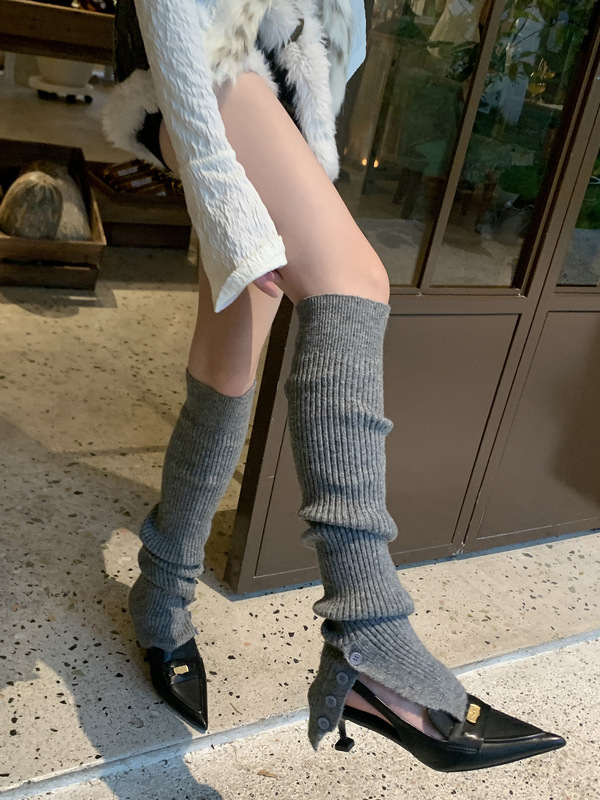 纯色基础款针织袜套女秋冬纽扣开叉小众设计长筒堆堆袜小腿袜腿套|undefined
