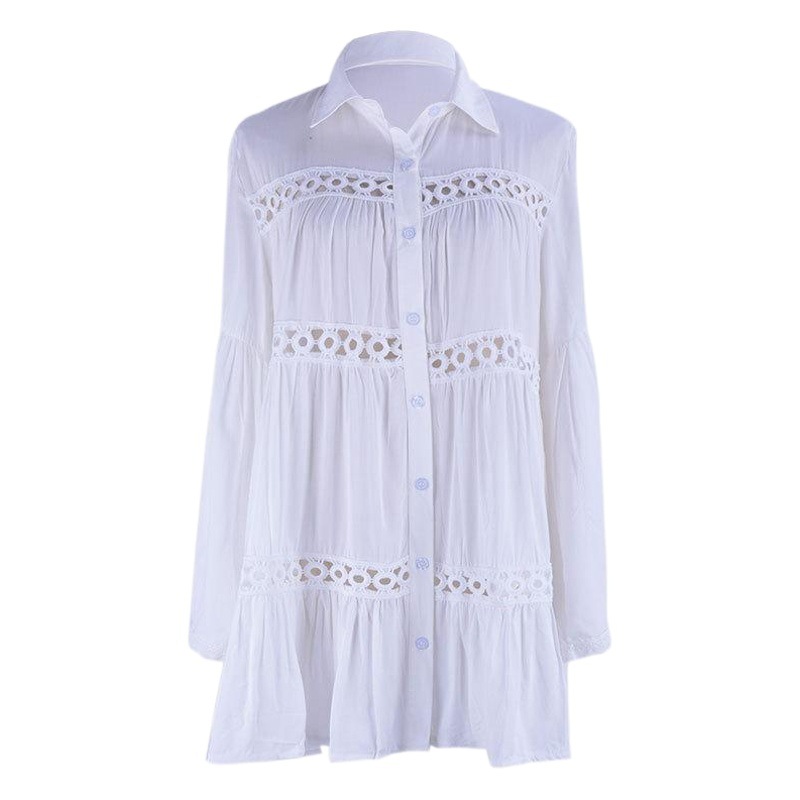 Rayon Lace-Trimmed Shirt-Style Flared Sleeve Sun Protection Vacation Beach Cover-Up Swimsuit Jacket Women's Cardigan Bikini Outerwear