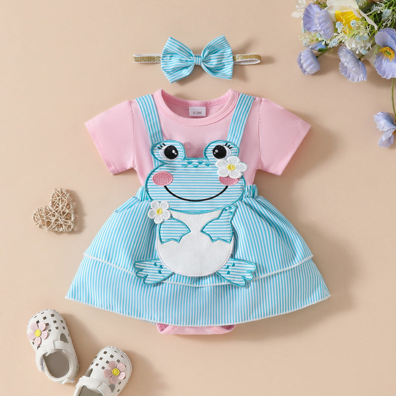 2024 Baby Cute Little Frog Short-sleeved Double-layer Skirt Summer Girl Triangle Dress Newborn Bow Climbing Dress 2024 Baby Cute Little Frog Short-sleeved Double-layer Skirt Summer Girl Triangle Dress Newborn Bow Climbing Dress