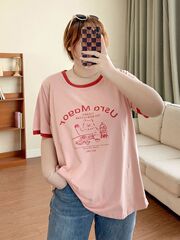 300斤特大码女装夏季短袖t恤女撞色拼接宽松显瘦遮肉胖mm正肩上衣