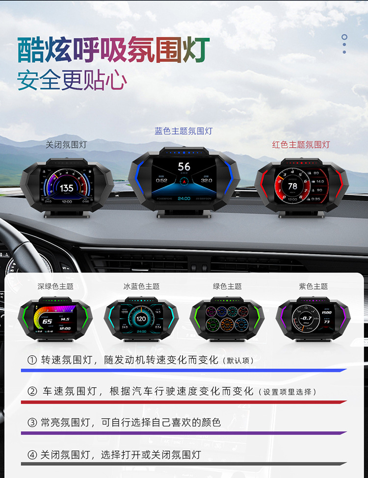 Hud Car Head-Up Display Multi-Function Car Lcd High-Definition Vehicle Speed Fuel Consumption Obd+Gps Instrument Slope