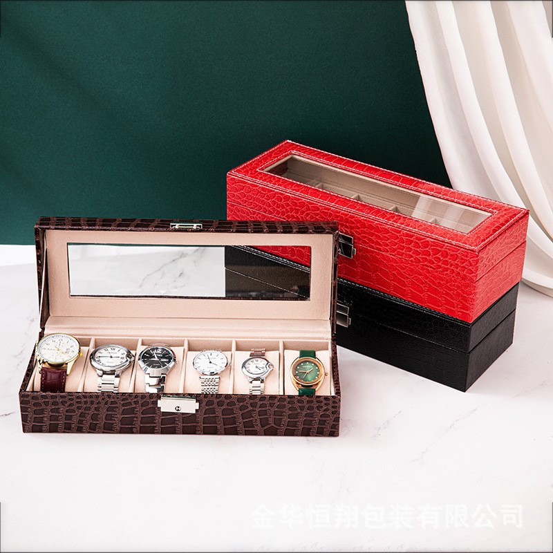 Exquisite Crocodile Pattern Cross-Border 6-Slot Watch Case Display Box Watch Storage Box Pu Leather Watch Box Dropshipping