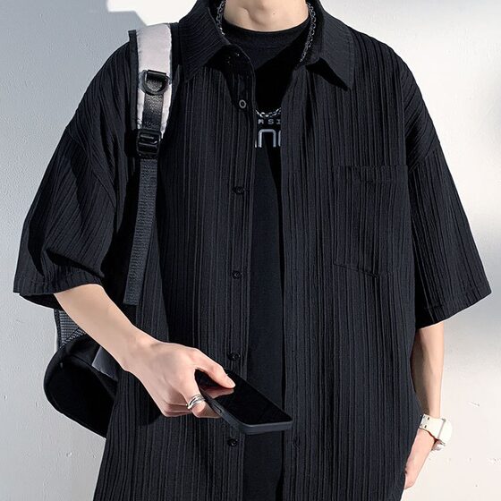 Ice Silk Shirt Short-sleeved Men's Summer Thin Solid Color Casual Trendy Brand Trendy Five-point Shirt for Trendy Summer Coat