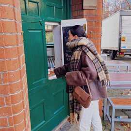 TOT羊驼毛马海毛格纹围巾女秋冬羊毛披肩格子拉绒流苏美拉德氛围