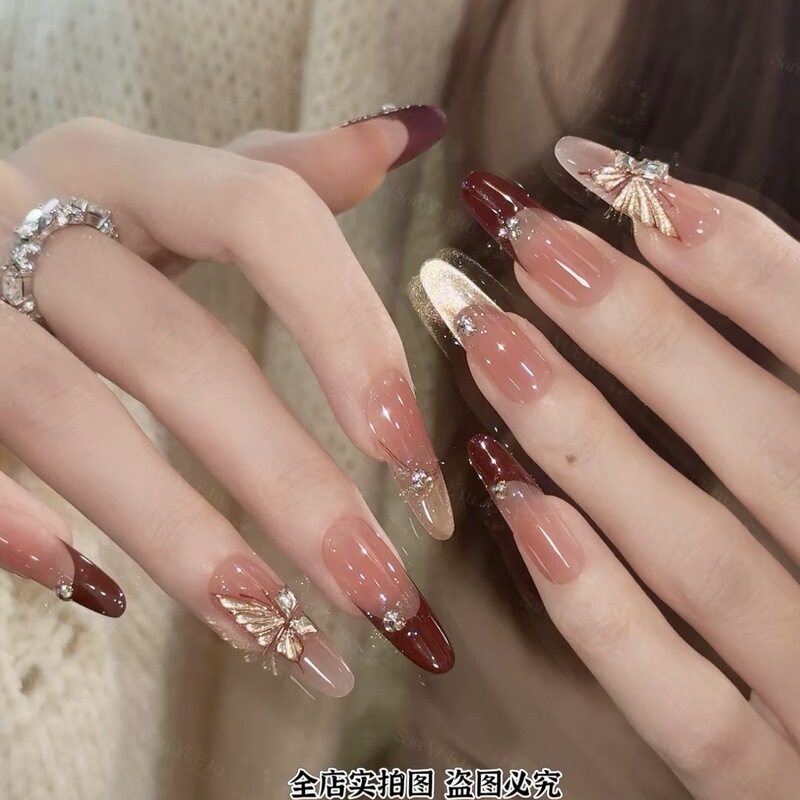 [Red Flame Butterfly] Handmade Wearable Nails Autumn and Winter New Cat Eye Hand-Painted Butterfly Whitening High-End Nail Art Patch