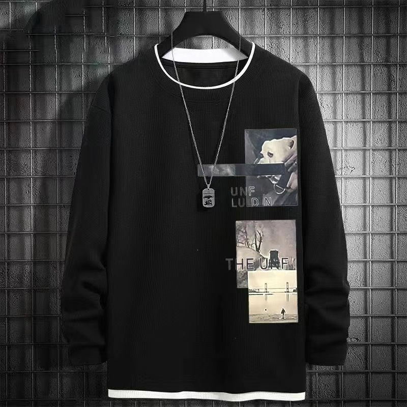 Plus Size Waffle Knit Long Sleeve T-Shirt for Men, 2025 Spring/Autumn New Style, Trendy Sweatshirt, Base Layer, Inner T-Shirt