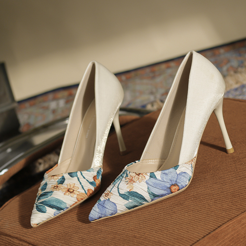 96378-3 Women's High Heel Shoes 2024 Spring and Summer New Korean Style Stitched Pointed Toe Shallow Mouth Stiletto Heel Single Shoes for Women