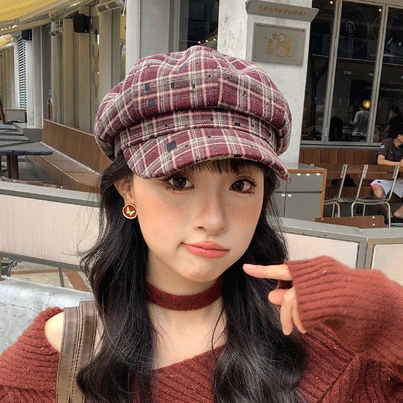 格纹八角画家帽子女秋冬文艺复古显脸小云朵帽时尚百搭鸭舌贝雷帽|undefined