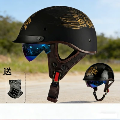 Summer Retro Cruiser Half, Motosiklet kaskı (dəbilqə) - 12-015-matte-black-gold-skull-with-face-mask-with-white-mirror-m