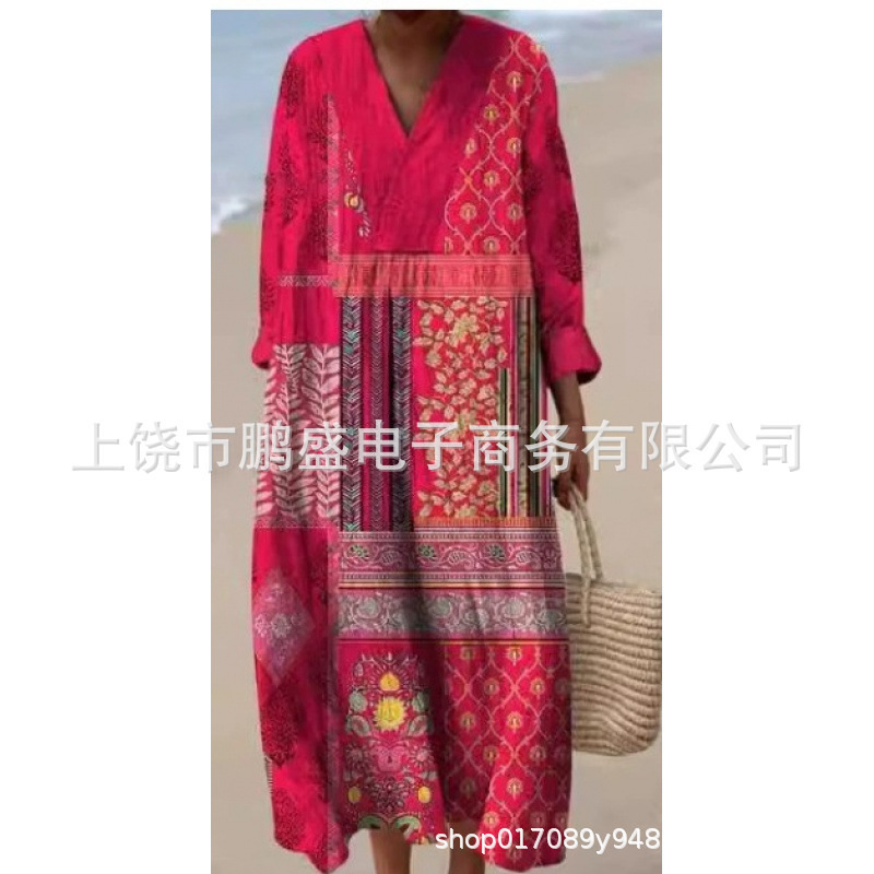 Amazon Linen Long-Sleeved Dress with Print, Large Size, Loose Robe, Breathable, Versatile, Holiday Style, Fashionable and Elegant