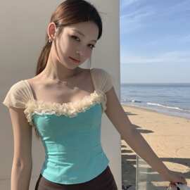 DY814薄荷蓝高支亚麻背心夏纯欲撞色蕾丝花边拼接吊带上衣女2026