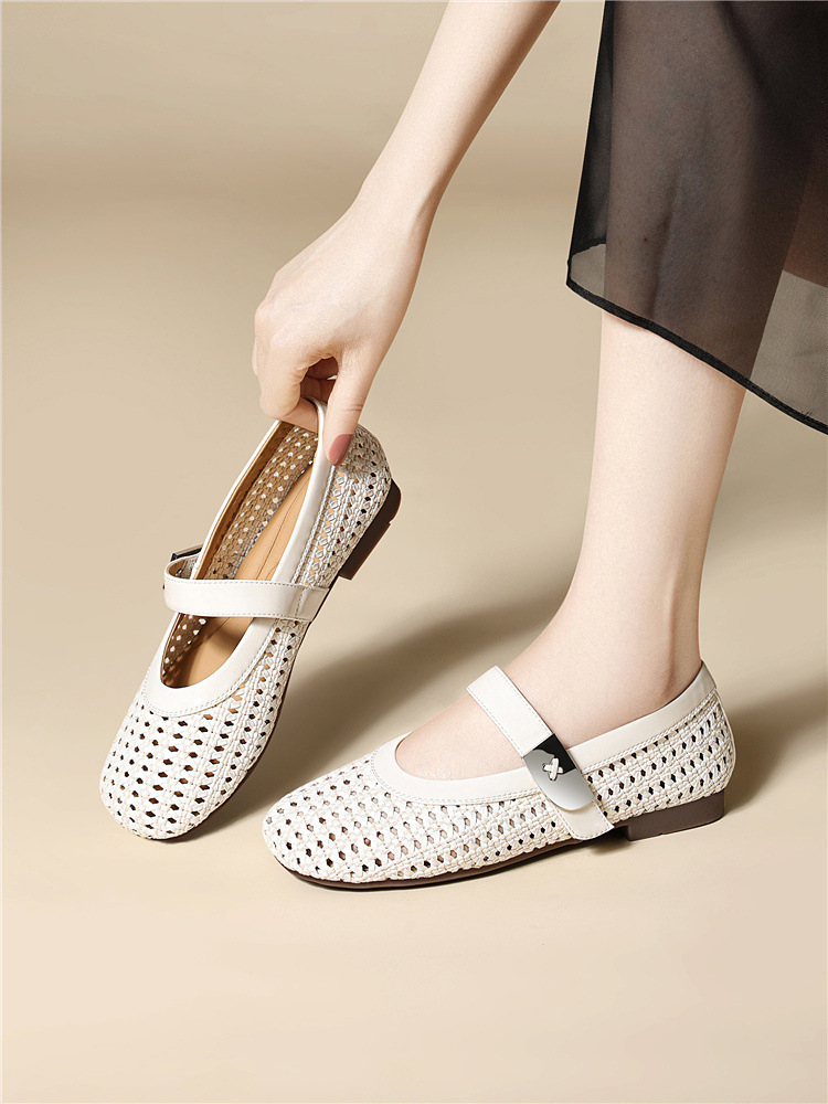 Dép sandal nữ da thật dệt rỗng mũi tròn đế bệt quai chữ V — 6057 Màu cà phê, 6057 Màu be chi tiết 15