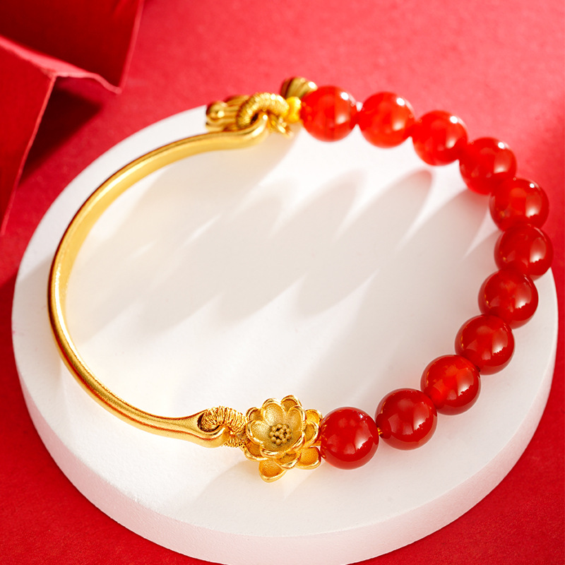 Vietnam oro rojo ágata cuentas media pulsera mujer Lotus estilo chino elegante pulsera rica flor Internet celebridad estilo fábrica al por mayor