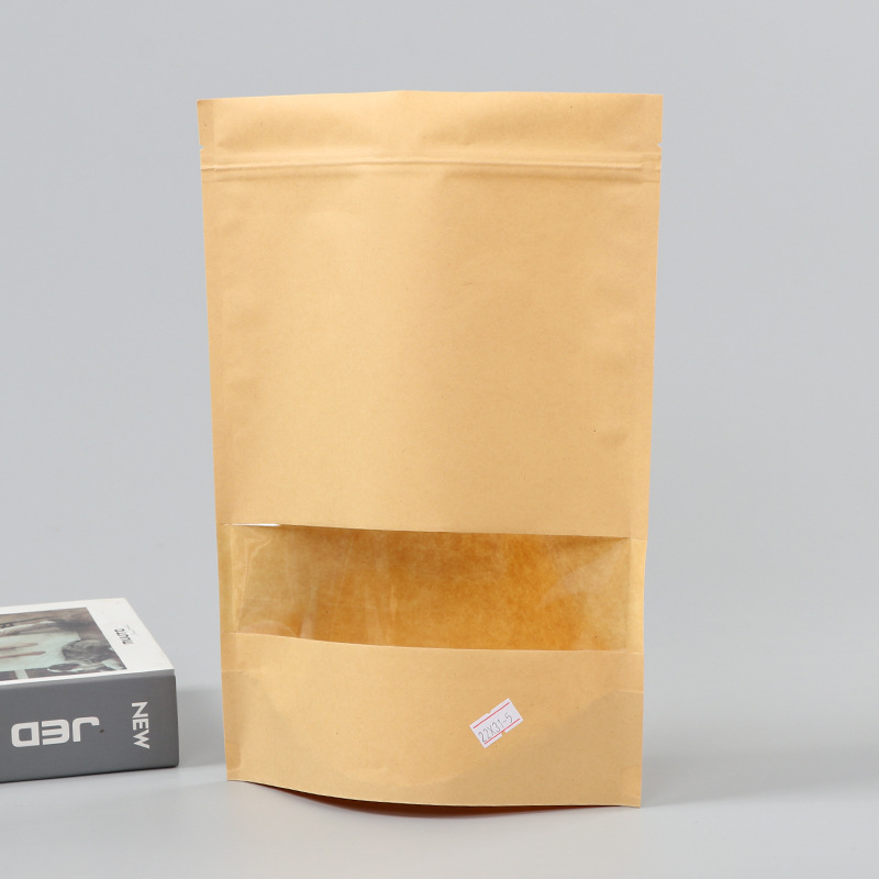 Spot bolsa de papel kraft con ventana transparente bolsa de embalaje de alimentos autosellada autoportante bolsa de té sellada de ocho lados fácil de rasgar