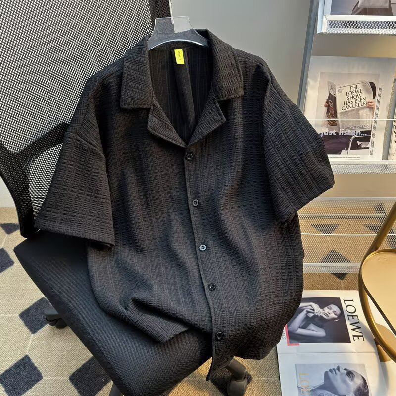 American High Street Cuban Collar Textured Short-Sleeved Shirt for Men 2025 Summer Style Couple Trendy Brand Handsome Shirt Jacket