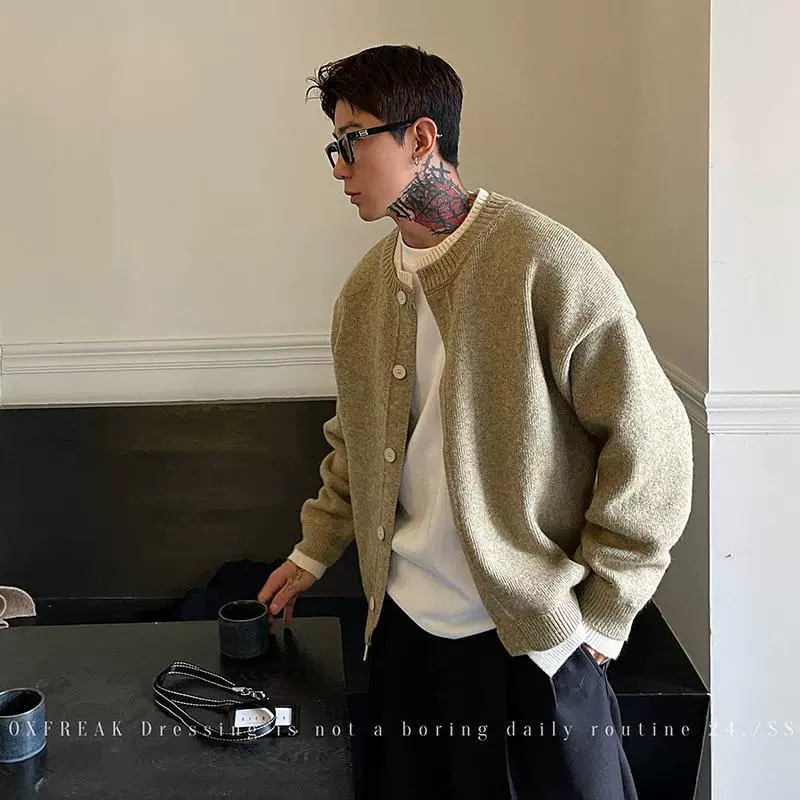 美式复古双层假两件排扣开衫毛衣男2025年秋冬新款老钱风针织外套