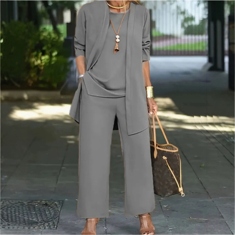 Temu Hot Sale Spot Pure Color Slit Round Neck Sleeveless Vest Top Long-Sleeved Cardigan Jacket Wide-Leg Pants Suit for Women