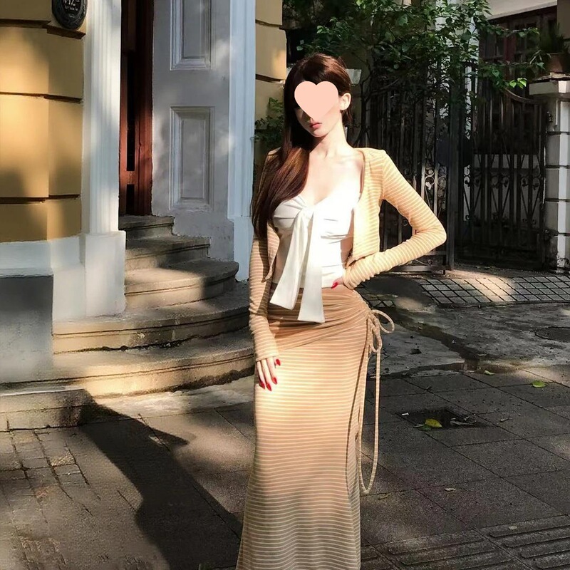 韩版纯欲风系带抹胸背心条纹开衫抽绳半身裙女2025秋季新款三件套|undefined