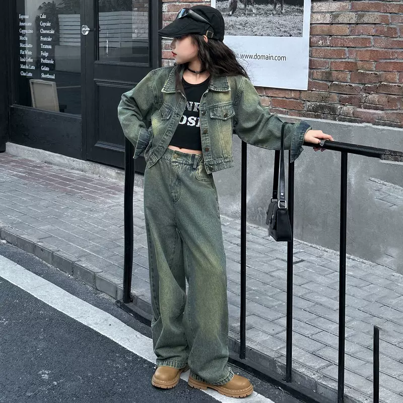 女童秋装牛仔套装2024新款大童时髦复古牛仔裤儿童春秋季洋气外套
