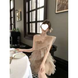 氛围感连衣裙女夏季新款绝美不规则拼接网纱裙斜肩花朵蓬蓬短裙子
