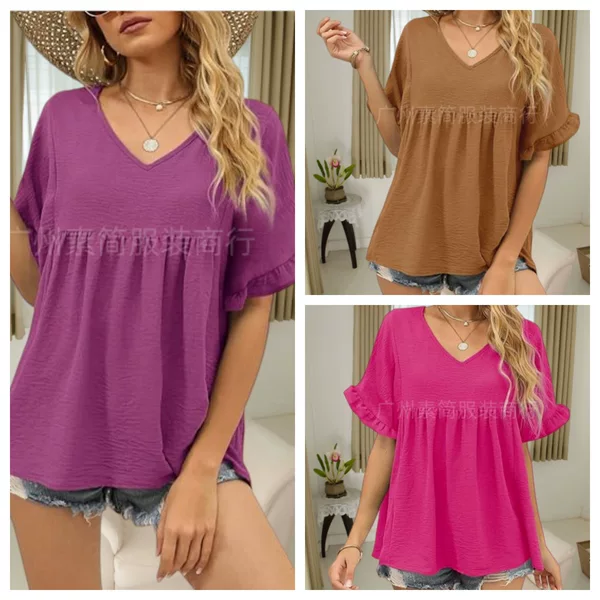 Amazon Cross-Border European and American Solid Color Casual Ruffled Short-Sleeved Shirt
