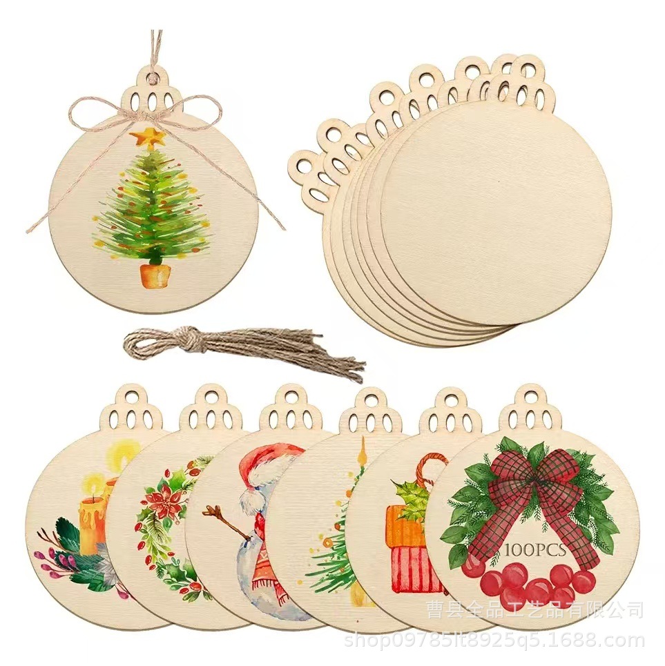 Transfronterizo 100 piezas de decoración de piezas de madera redonda en blanco de Navidad manualidades de bricolaje suministros de árbol de Navidad colgante de madera