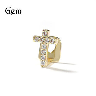 Cross-Border New Hip Hop Gold braces personality niche TeethGrillz micro inlaid zircon cross single braces