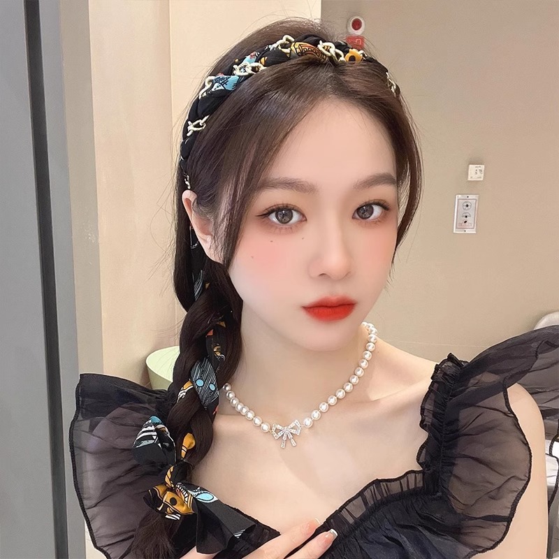 Sensor de alto nivel de banda de cabello para mujeres de alta presión craneal tarjeta de cabello temperamento de moda trenzada bufandas de seda banda de cabello adornamiento para el cabello